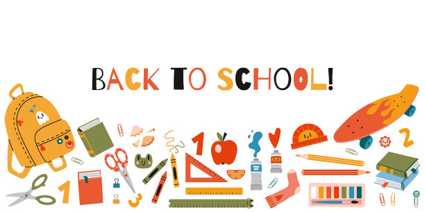 回到学校，横条形印有可爱的学校文具和美术用品，卡通风格。时髦的现代矢量插图孤立在白色背景，手绘，平面图片下载