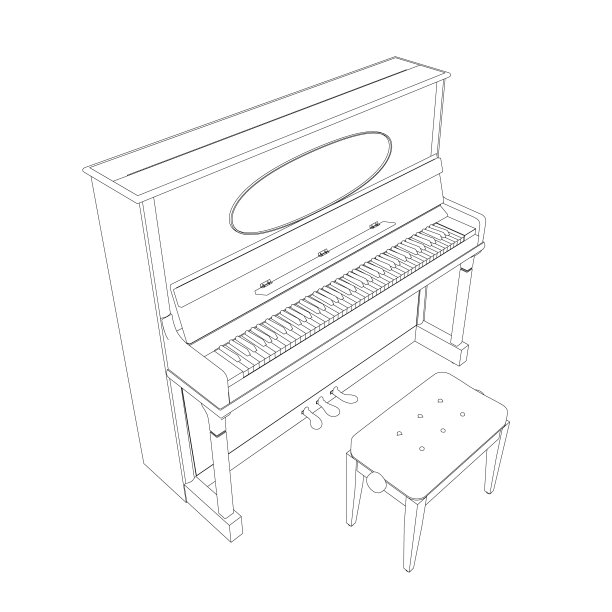一架钢琴的轮廓和一把椅子，用黑色线条孤立在白色背景上。等距视图。矢量插图。图片下载