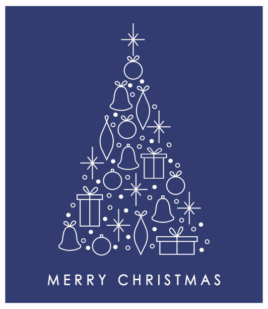 公司节日贺卡。新年快乐和圣诞快乐的概念。环球艺术模板。极简向量设计与礼品盒，铃铛，雪花和圣诞树装饰图片下载