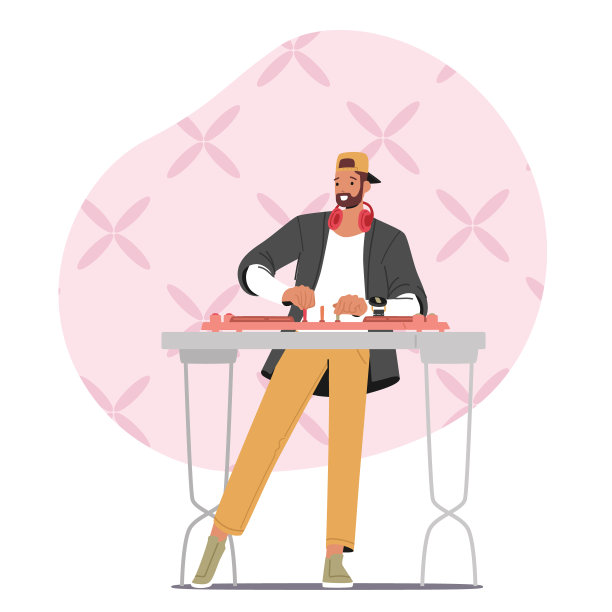 快乐的Dj男性角色穿着黄色裤子戴着耳机在夜总会迪斯科派对上播放和混合音乐图片下载