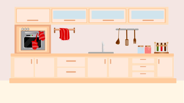 一个大厨房的室内设计，简单，很少使用颜色。厨房设计的概念，简单，最小使用的物品和极简的图像在家里。图片下载