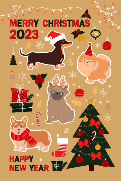 圣诞快乐和新年贺卡与狗和不同的冬季元素。可爱的手绘插图。图片下载