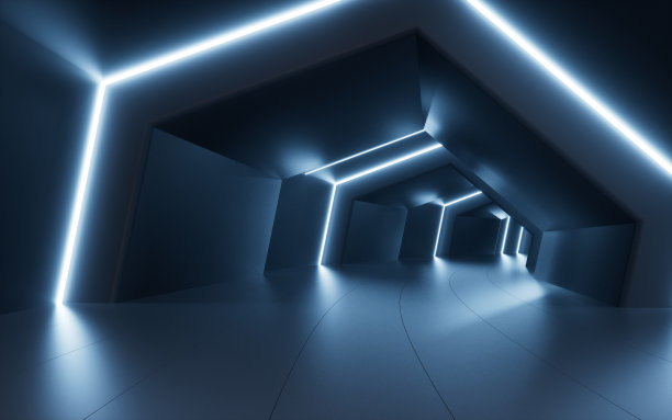 蓝色霓虹灯隧道转角，3d渲染。图片下载