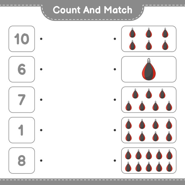 计算和匹配，计算出拳袋的数量，并与正确的数字匹配。教育儿童游戏，可打印的工作表，矢量插图图片下载