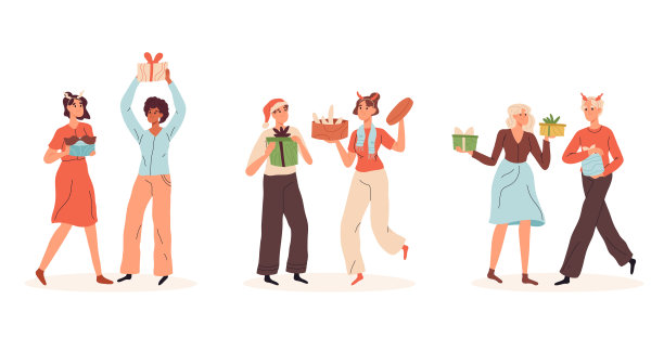 卡通圣诞夜，人们互相赠送礼物。节日人物与圣诞礼物，冬季节日礼物矢量插图集。圣诞节的礼物图片下载