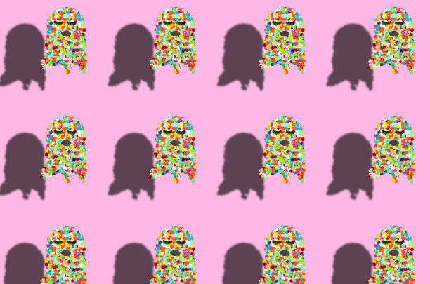 五彩缤纷的女鬼复制了整个粉色的背景，创意艺术的现代设计图片下载