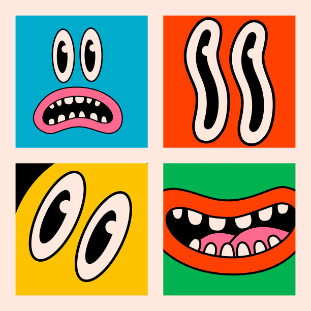 卡通向量滑稽漫画卡。疯狂的卡通抽象向量收集图片下载