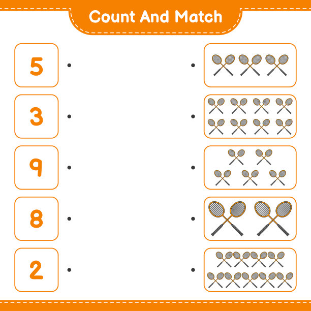 计算和匹配，计算羽毛球拍的数量，并匹配正确的数字。教育儿童游戏，可打印的工作表，矢量插图图片下载