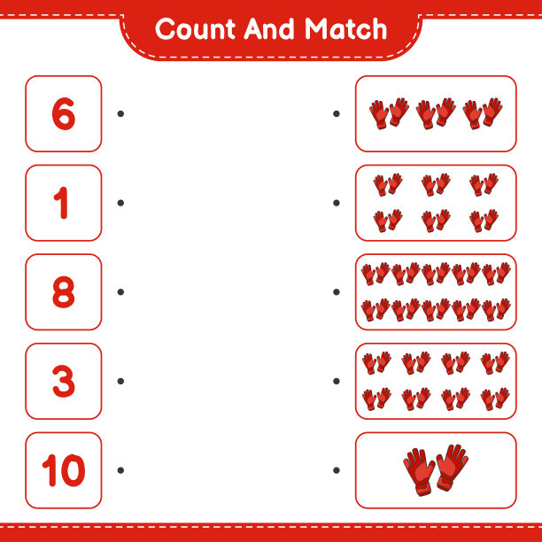 计算和匹配，计算守门员手套的数量，并匹配正确的数字。教育儿童游戏，可打印的工作表，矢量插图图片下载