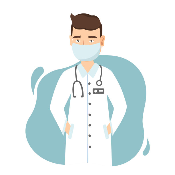 医生面具插图。可爱的医生站着，双手插在口袋里。医疗保健。向量的性格。图片下载