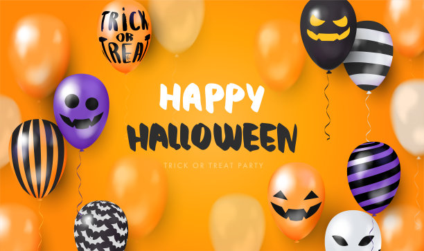 模板橙色横幅与3d气球的脸。万圣节快乐图片下载