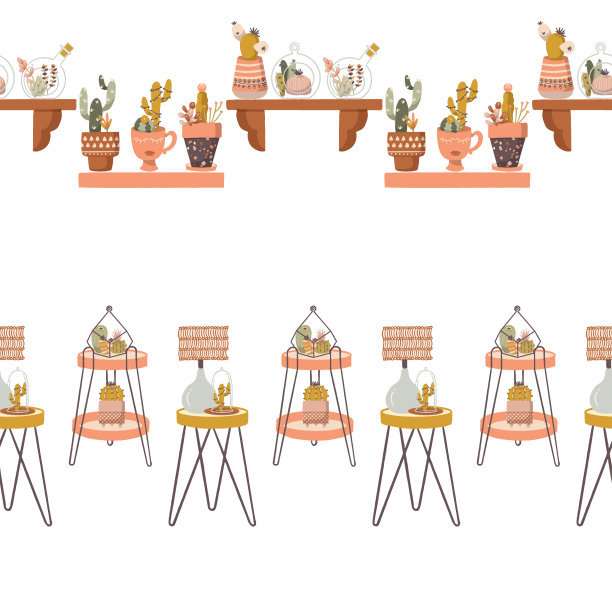 波西米亚盆栽植物家居装饰矢量无缝横向边界设置图片下载