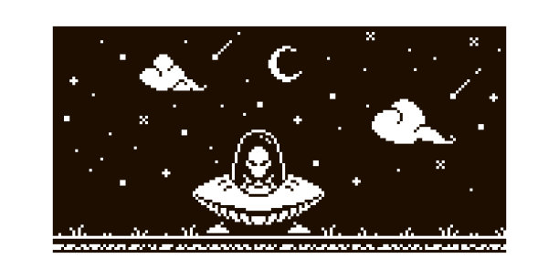 简单的矢量1位像素艺术插图着陆飞碟与一个外星人在复古平台游戏风格图片下载