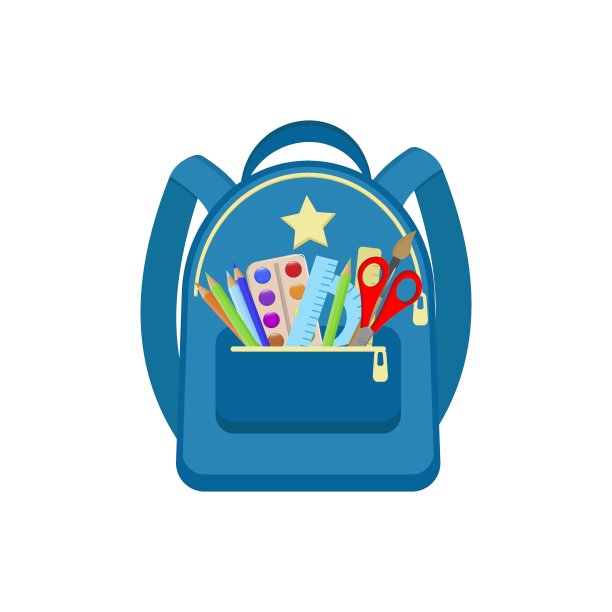 颜色的背包。教育，书包行李，背包。孩子的书包里装着教育设备。图片下载