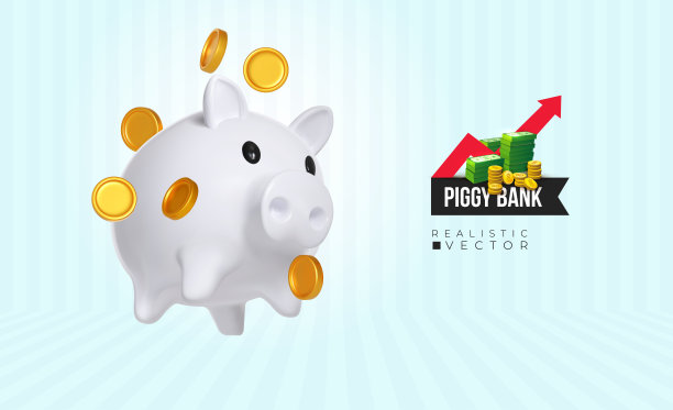 现实的白色储蓄罐带钱创意的经营理念。白猪养金币。保存并积累现金储蓄。金融服务。安全的金融投资。设计矢量图。图片下载