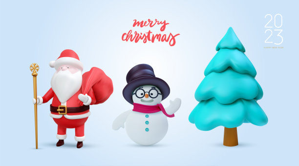 圣诞快乐新年好，圣诞老人、树和雪人矢量卡通素材，红色礼品袋，浅蓝色背景图片下载