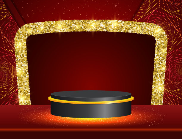 向量插图红色螺旋背景闪光闪光的舞台讲台，金色拱门和黑色基座图片下载