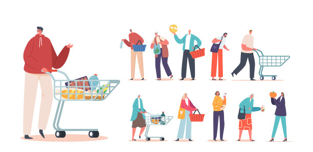 一套男性和女性角色购物。年轻和年老的男人或女人在商店购买食品和食品图片下载