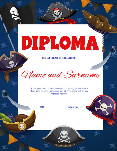 孩子们海盗文凭，海盗军刀和三角帽图片下载