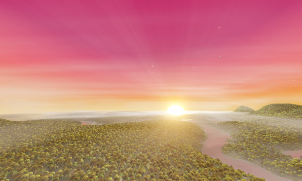 热带雨林或山地森林有河流流经。太阳升起，山顶上有一层薄雾。景观森林在黎明，雾淡去。三维渲染图片下载