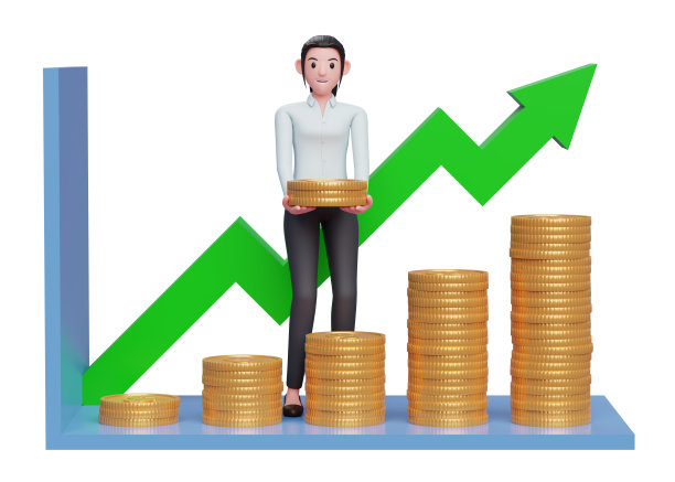 穿着蓝色裙子的女商人用一堆金币制作统计条形图图片下载