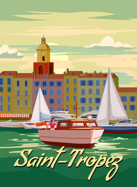 蔚蓝海岸法国里维埃拉摩托艇海岸海报复古。度假村，海岸，大海，海滩。复古风格插图矢量图片下载