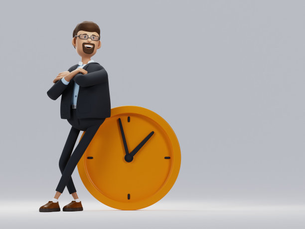 时间管理的概念。任务交付日期的概念。一个带着大钟的商人的卡通人物。3 d演示。图片下载