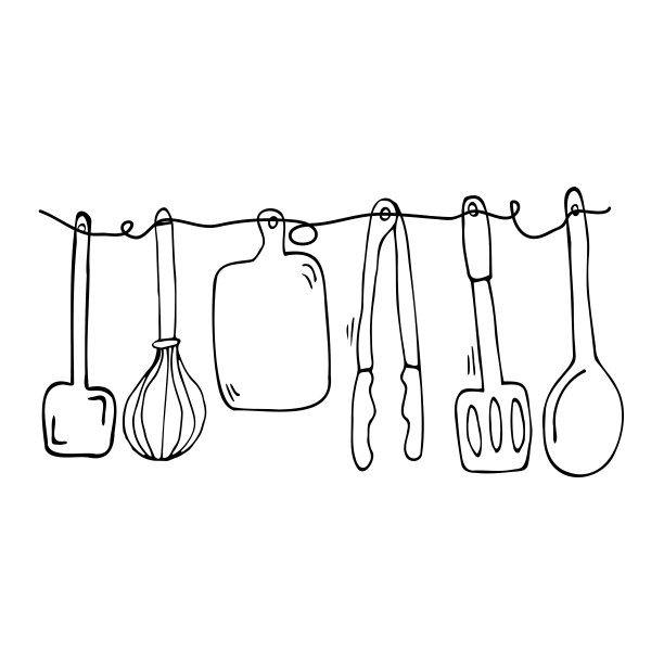 一套手绘涂鸦厨房用具。厨房厨具及用具，厨具图标收藏。图片下载