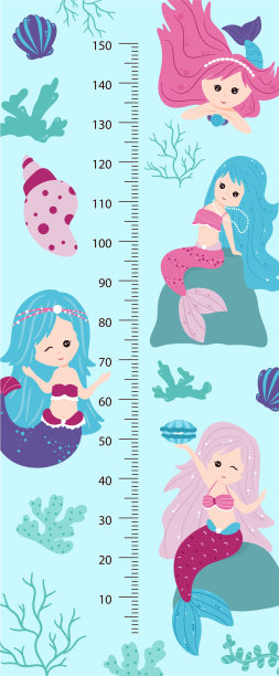 孩子身高图和小美人鱼。矢量插图，卡通风格图片下载