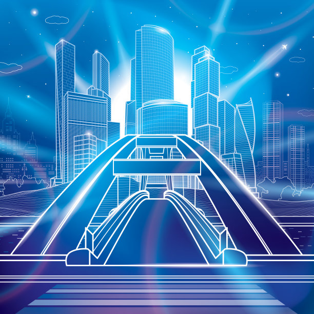 现代城市霓虹灯发光插图。人行天桥横跨江面。商务中心。基建小镇，城市风光。蓝色背景上的白色轮廓。矢量设计艺术图片下载