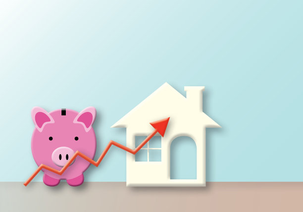 家与粉红色的小猪银行和rad箭头在粉彩背景。房地产投资和住房抵押贷款的金融房地产概念。图片下载