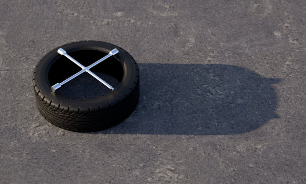 轮胎上有扳手。投影看起来像一个带有复制空间的开关滑块。轮胎装配的概念。三维渲染图片下载