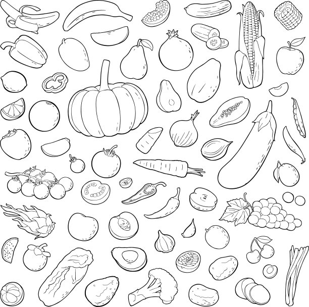 固定蔬菜和水果。矢量黑色复古插画图片下载