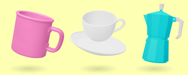 一套咖啡机，露营杯和杯子孤立在蓝色背景。3D渲染矢量插图。图片下载