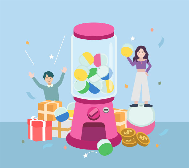 幸运的中奖者在加沙彭机附近抽奖，胶囊自动贩卖机。快乐的赢家拥有礼品盒，球和巨大的抽奖鼓上的头奖。彩票、奖品、运气、营销理念图片下载