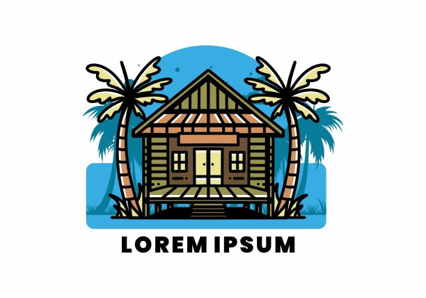 海滩上的木屋插图徽章设计图片下载