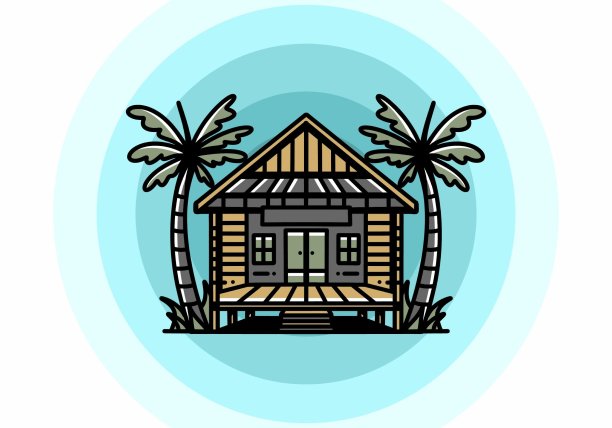 海滩上的木屋插图徽章设计图片下载