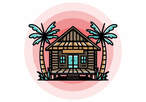 海滩上的木屋插图徽章设计图片下载