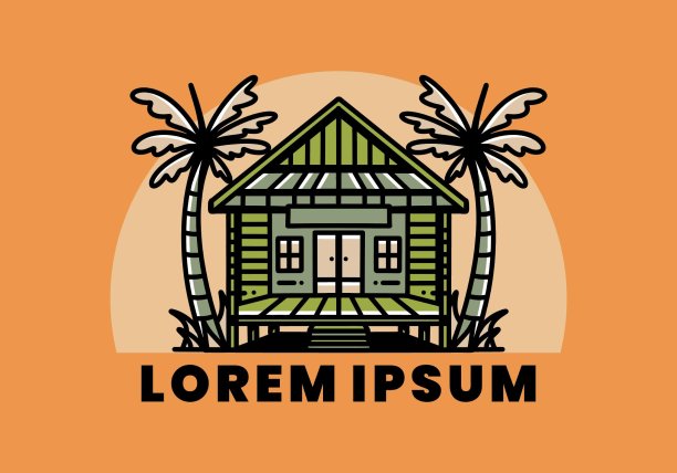 海滩上的木屋插图徽章设计图片下载