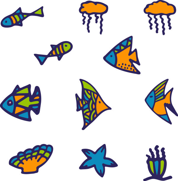 一套孤立的彩色鱼海藻海贝图片下载