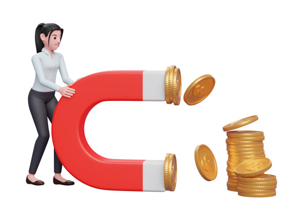 一名穿着蓝色裙子的女商人拿着一块大磁铁来吸引硬币图片下载