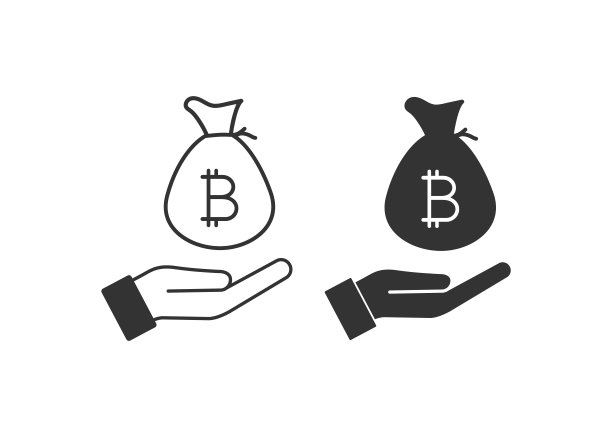 打开掌心和比特币图标。手和袋子的符号。标识报价业务，信用向量。图片下载