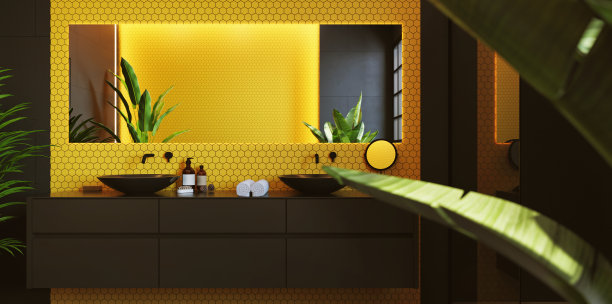 一间现代浴室的内部，墙上有黄色的马赛克。长方形的镜子和黑色的圆形脸盆。三维渲染图片下载