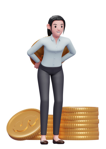 美丽的商业女性在蓝色衬衫携带一个巨大的硬币在他的背上，一个商业女性在蓝色衬衫持有美元硬币的3d插图图片下载