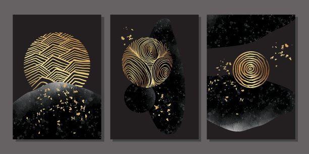 一套豪华的黄金墙艺术。黑色水彩污渍和金色的圆圈，行星图片下载