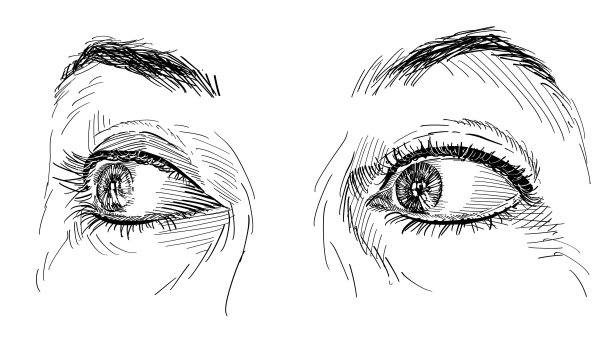 特写的女性眼睛看向左边。眼语概念，非言语交流。黑白矢量插图在白色背景。图片下载