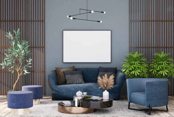 模拟海报框架在现代室内家具齐全的房间背景，客厅，斯堪的纳维亚风格图片下载