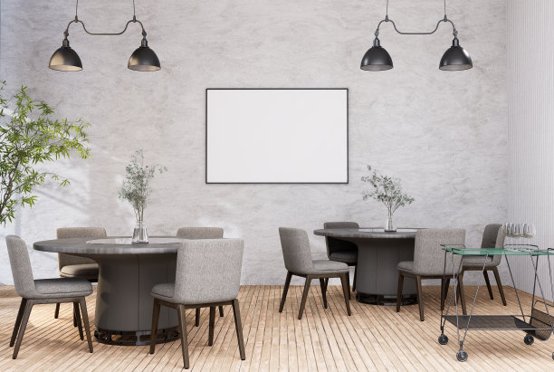 模拟海报框架在现代室内家具齐全的房间背景，咖啡厅，餐厅。图片下载