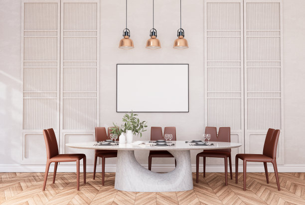 模拟海报框架在现代室内家具齐全的房间背景，咖啡厅，餐厅。图片下载