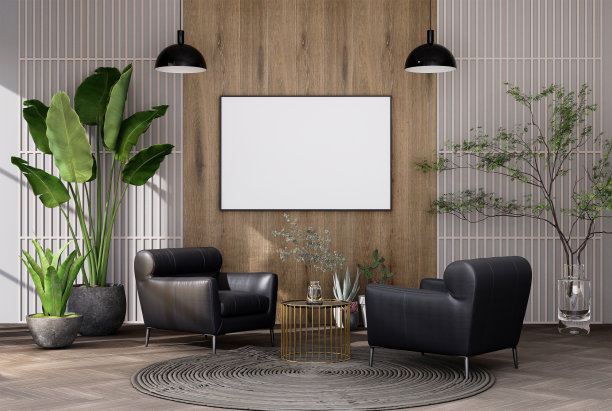 模拟海报框架在现代室内家具齐全的房间背景，客厅，斯堪的纳维亚风格图片下载